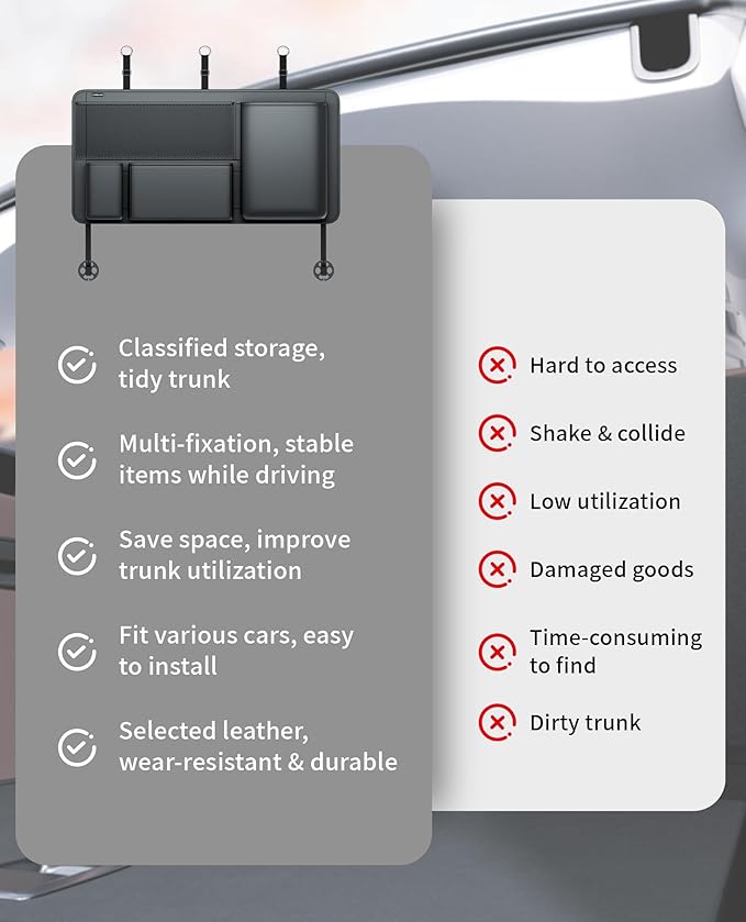 PU Leather Hanging Trunk Organizer - Sturdy Non-Sagging Car Trunk Organizer for SUV Sedan Truck - Waterproof Easy Clean