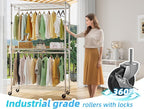 Simple Trending Clothing Garment Rack with 3 Tiers Storage Shelves, Heavy Duty Rolling Clothes Organizer Double Rods with Whe