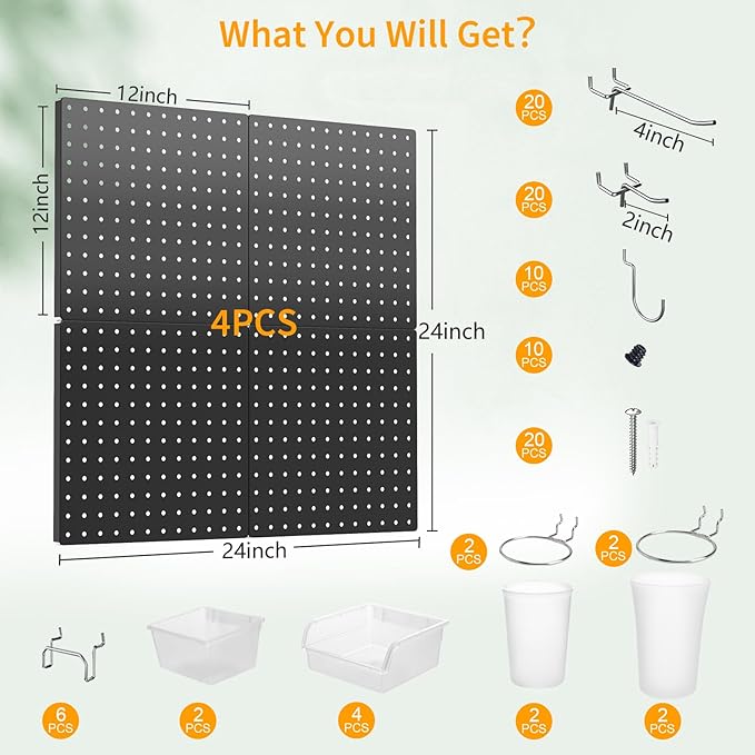 FZK Peg Board, 74PCS Metal Pegboard Wall Organizer Kit. Heavy Duty Pegboard, Peg Boards, Pegboard for Walls, Black Pegboard f