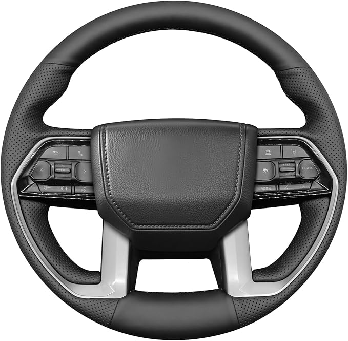 MEWANT Hand Stitch Black Genuine Leather Steering Wheel Cover Wrap for Toyota Tacoma 2024 Tundra 2022-2024 Sequoia 2024