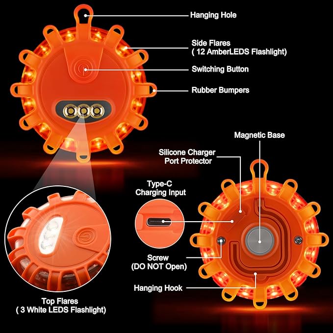 USB C Rechargeable LED Road Flares Emergency Lights with Magnetic Base, 9 Strobe Options Roadside Emergency Warning Car Safet