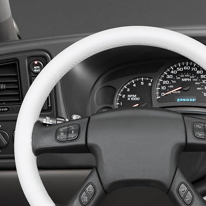 MEWANT Hand Stitched Steering Wheel Cover for Chevy Silverado 1500 2003-2006 DIY White Faux Leather Steering Wheel Wrap