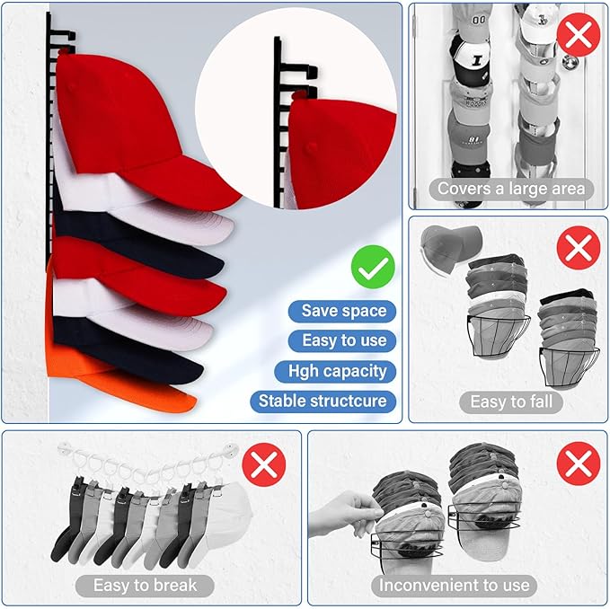 MAGTSMEI Hat Rack for Wall, 2 Packs Hat Organizer for Baseball Caps Adhesive Hat Hooks Hold Up to 32 hats, Hat Storage Displa
