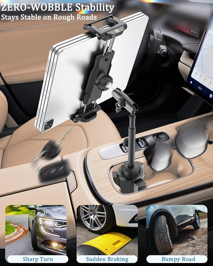 Cup Holder Car Tablet Mount [Thick Case Friendly] Aluminum Long Arm Heavy Duty Cupholder Tablet Mount for Truck/Pickup for Car Accessories, Fits iPad Pro 13/Air/Mini, Galaxy Tab, 5.5-15.6" Devices