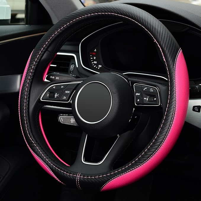 LABBYWAY Microfiber Leather Auto Car Steering Wheel Cover, Universal Fit 15 Inch Anti-Slip Wheel Protector, Pink