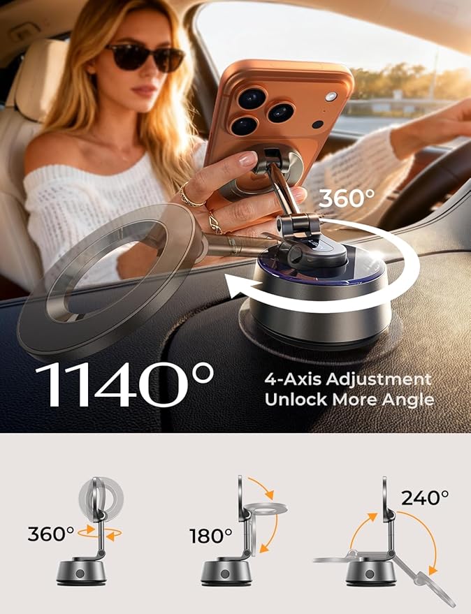 LISEN Suction Phone Mount【2026 Auto Vacuum 3.0】, 360 Adjustable Magnetic Phone Holder for Car Dashboard Universal Magsafe Accessories Gifts for Men Women for iPhone 17 Pro Max Air 16 15 14 13 12