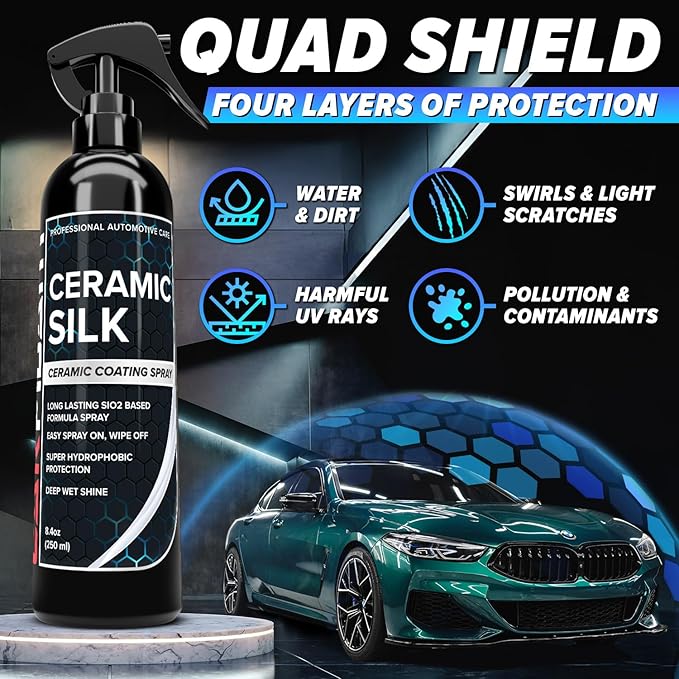 Carfidant Ceramic Silk - Ceramic Coating Spray - High Gloss, Hydrophobic Protection & Chemical Resistance for Cars, RVs & Boats - Long-Lasting Shine & Durability for Exterior Detailing - 8 fl. Oz.