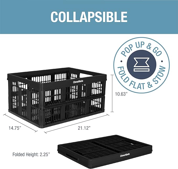 CleverMade Collapsible Utility Crates 45L (3 Pack) – Foldable Plastic Crates with Heavy Duty 66 lb Capacity, Collapsible Crat