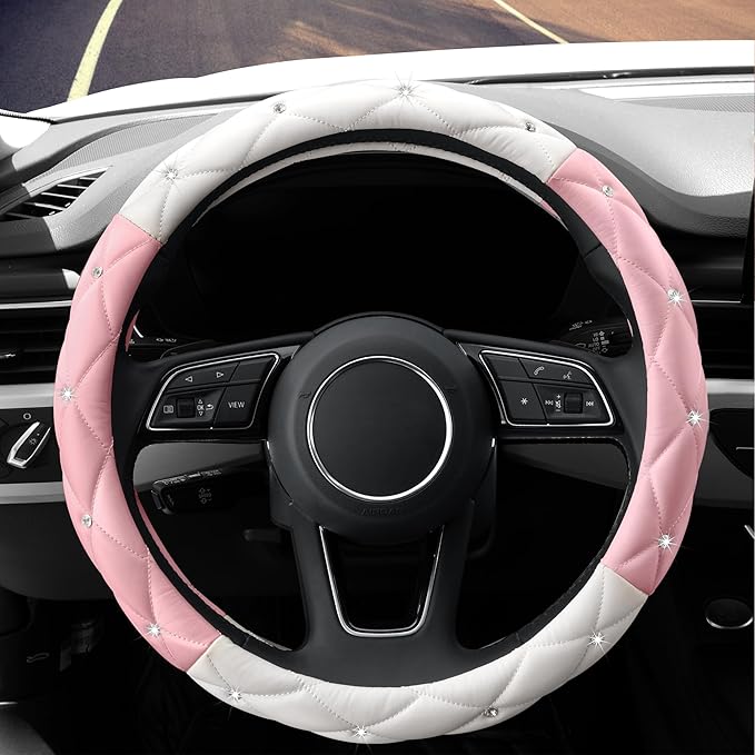 YOGURTCK Cute Diamond Soft Leather Steering Wheel Cover with Bling Bling Crystal Rhinestones, Universal 15 Inch for Women Gir