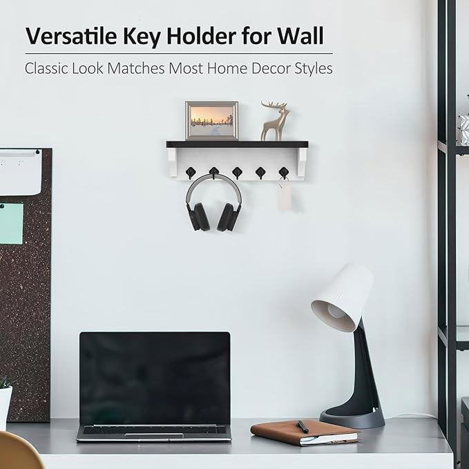 Nekon Key Holder for Wall, 11.8" W x 3.5" H x 2.8" D Decorative Key Organizer with Floating Shelf, Wall Mount Key Rack with 5