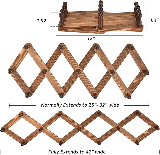 Homode Vintage Wood Expandable Peg Rack- Multi-Purpose Accordion Wall Hangers with 13 Hooks for Hats, Coat, Mugs, Scarf, Jewe