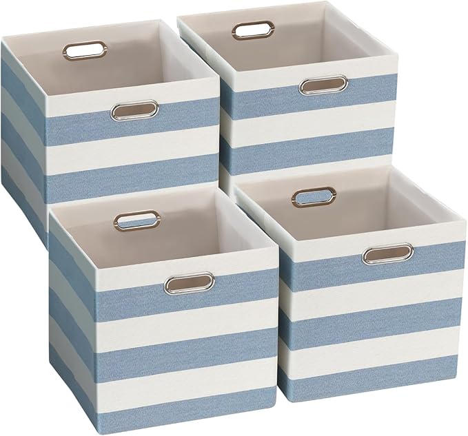 11x11 Cube Storage Bins, Collapsible Fabric Storage Cubes, Cubby Storage Organizer Bins Striped Container Baskets for Organiz