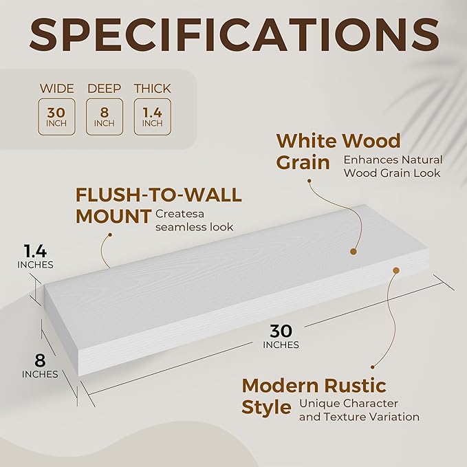 Dreamland 30 Inch Long Floating Shelves in White,8 Inch Deep Floating Shelf for Wall,Large Display & Storage Shelf, Wall Shel