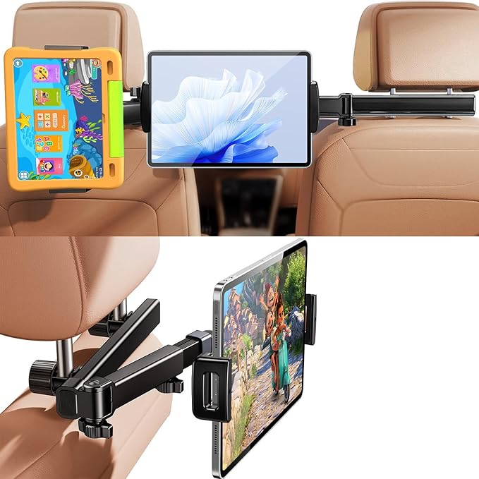 Car Headrest Tablet Holder - [18.9" Max Extension] [Zinc Alloy Lockable Arm] Backseat Phone & Tablet Mount for iPad, iPhone, Switch, 4.7-13" Devices (D6)
