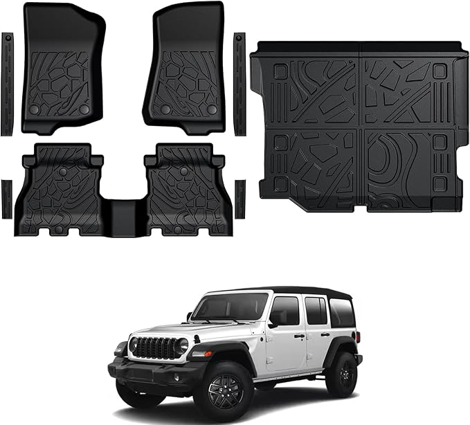 Floor Mats for Jeep Wrangler JL Gas 2018-2025 2026, All Weather Floor Mats Trunk Cargo Liner and Door Sill Guards Accessories (Fit 4-Door Unlimitied)