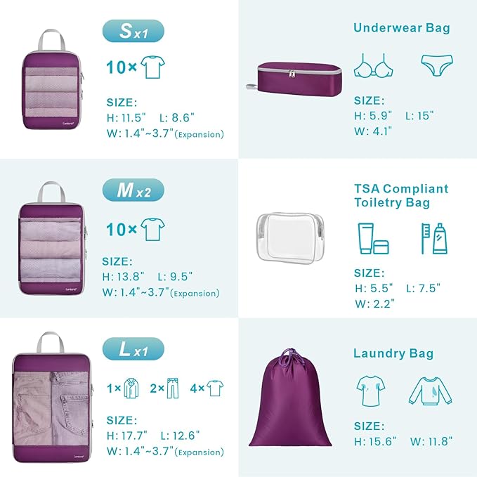 Cambond Compression Packing Cubes - 7 Piece See Through Mesh Packing Cubes for Travel with Underwear Laundry Makeup Bag, Expa