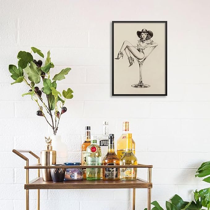 Vintage Western Black Framed Wall Art Coquette Cowgirl Martini Posters Prints 8x10 in Retro Bar Cart Cocktail Artwork Aesthet
