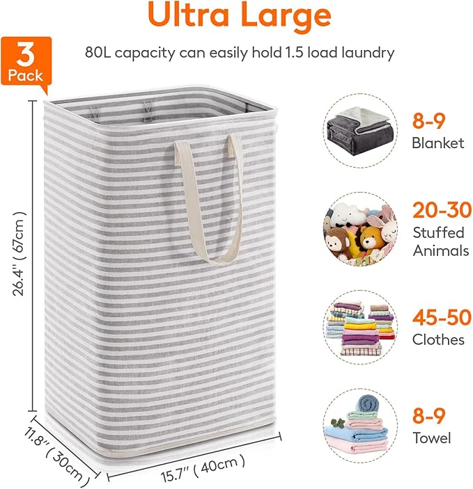 Lifewit 3 Pack Laundry Basket 80L Each, Collapsible Clothes Hamper with Reinforced Handles, Freestanding Waterproof Design fo