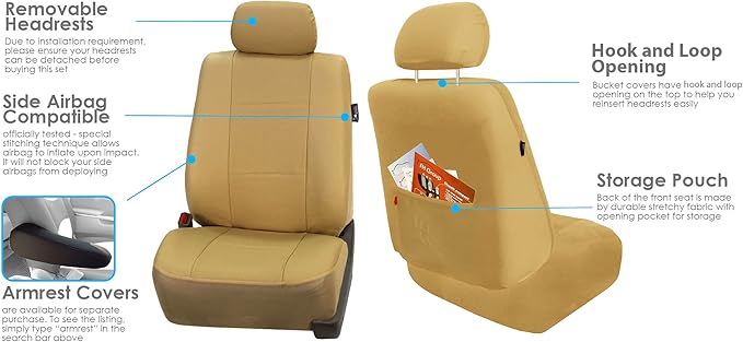 FH Group Front Set Faux Leather Car Seat Covers for Low Back Seat with Removable Headrest, Universal Fit, Airbag Compatible, 