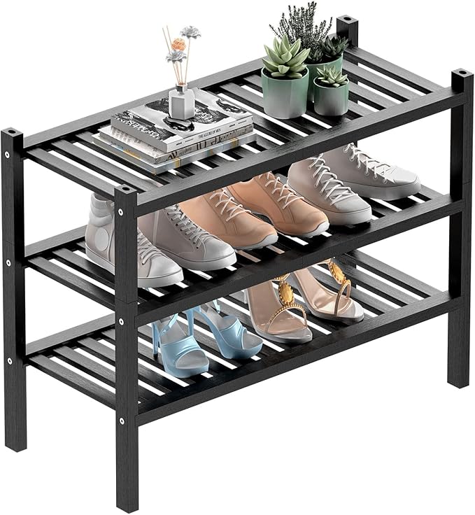 ROMGUAR CRAFT 3 Tier (Thick) Bamboo Shoe Rack for Entryway, Small Wood Shoe Shelf Storage Organizer for Closet, Shoe Stand fo