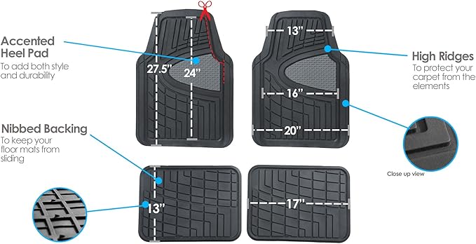 FH Group Premium Liners Tall Channel Trimmable All Weather Rubber Full Set Car Floor Mats (Gray) w. Trimmable All-Season Cargo Liner (Black) - Universal Fit for Cars Trucks and SUVs