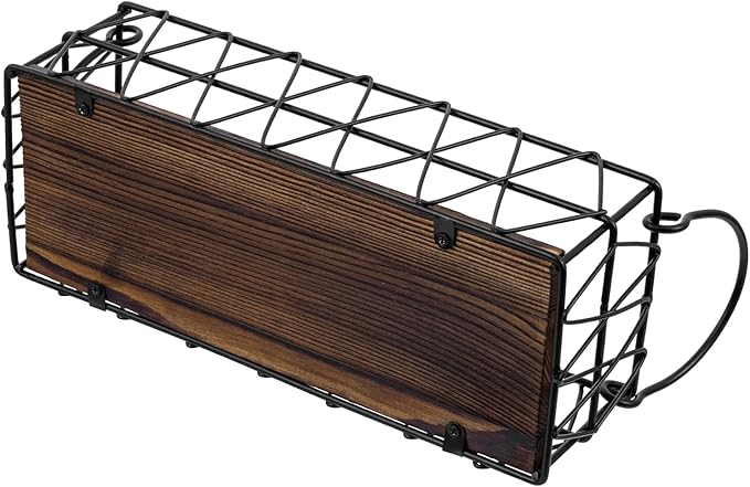 MyGift 2 Piece Wall Mounted Black Geometric Metal Nesting Storage Basket with Rustic Solid Burnt Wood Base, Small Tabletop De