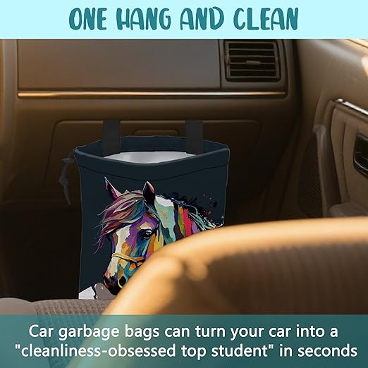Car Garbage Bag Abstract Colorful Horse Drawstring Car Trash Bag Hanging for Back Seat with Adjustable Buckle Canvas Vehicle Trash Can Easy-to-Install