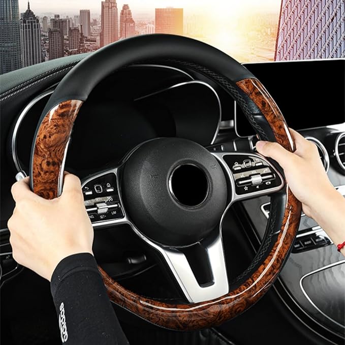 Wood Grain Steering Wheel Cover Microfiber Leather Breathable Anti Slip Universal Protector 14.5-15 inch Car Interior Accesso