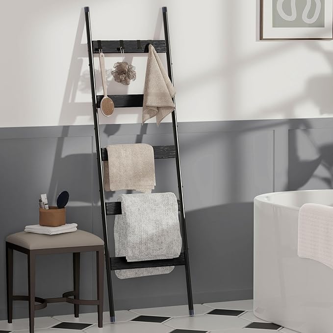 Blanket Ladder, 5-Tier Towel Holder with 4 Removable Hooks, Farmhouse Wall Leaning Decorative Rack Shelf, Wooden Towel Displa