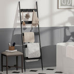 Blanket Ladder, 5-Tier Towel Holder with 4 Removable Hooks, Farmhouse Wall Leaning Decorative Rack Shelf, Wooden Towel Displa
