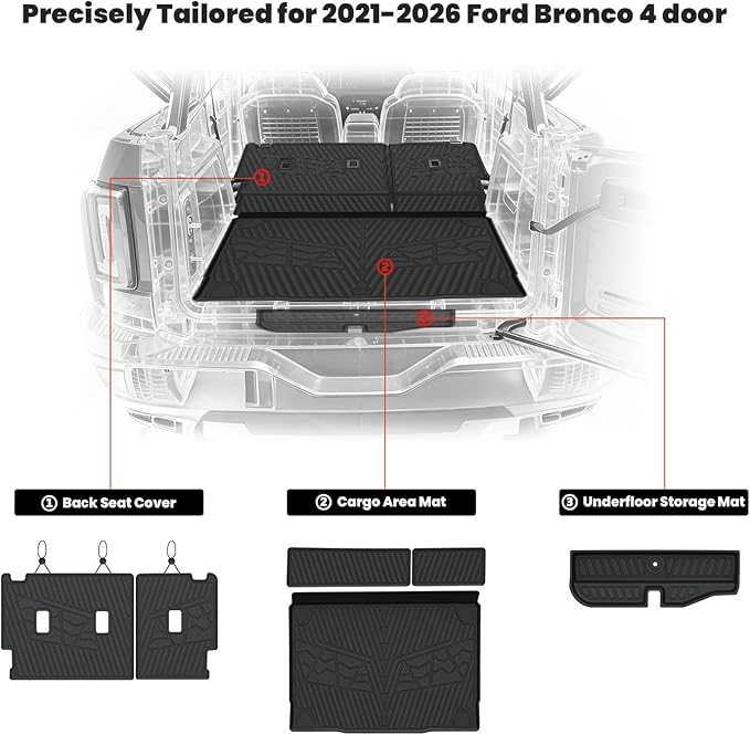 LASFIT Cargo Mat+Rear Back Seat Protector+Underfloor Storage Mat for Ford Bronco 4-Door 2021-2026 TPE All Weather Protection Liners Waterproof Backrest Mat Custom Fit Non-Slip Easy Clean
