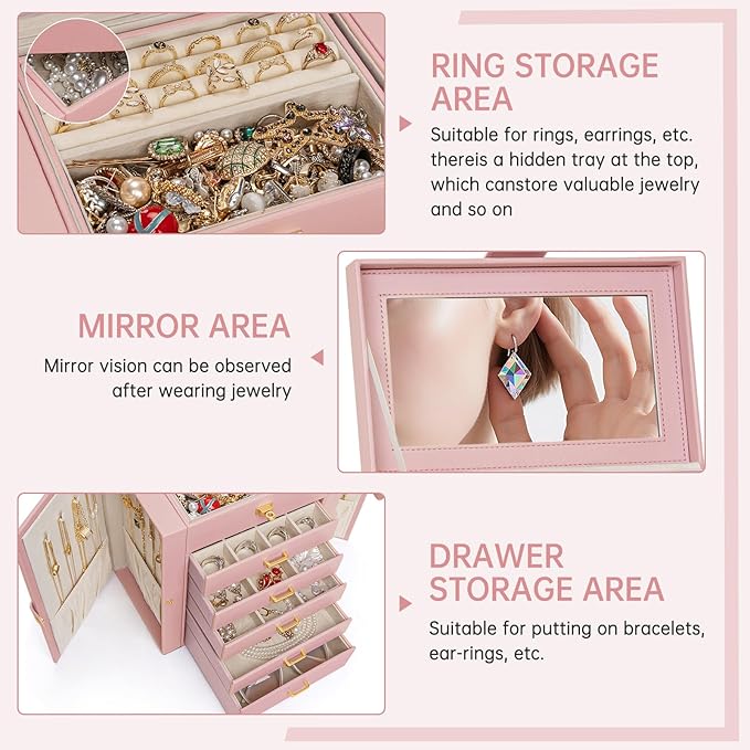 AKOZLIN 6-Tier Jewelry Box Organizer Functional 5 Drawers Leather Jewelry Storage Case for Women Girls Ring Necklace Earring 
