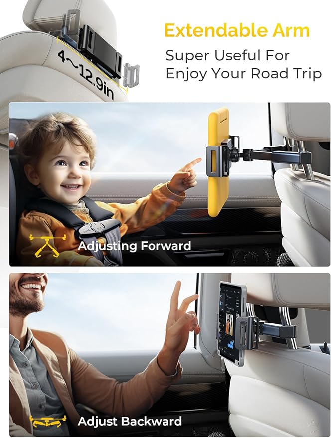 LISEN for iPad Car Holder Back Seat headrest Tablet Holder, Road Trip Essentials Accessories for Women Men Kids Gifts, for Fire HD 2026 iPad Pro 11/13" Air Mini, iPhone, Galaxy Tab, 4.7-12.9" Devices