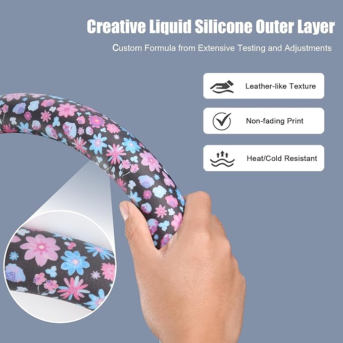 Floral Print Steering Wheel Cover with Silicone Inner Ring, Non-Toxic, Odorless Silicone Leather with Non-Fading Pattern for 