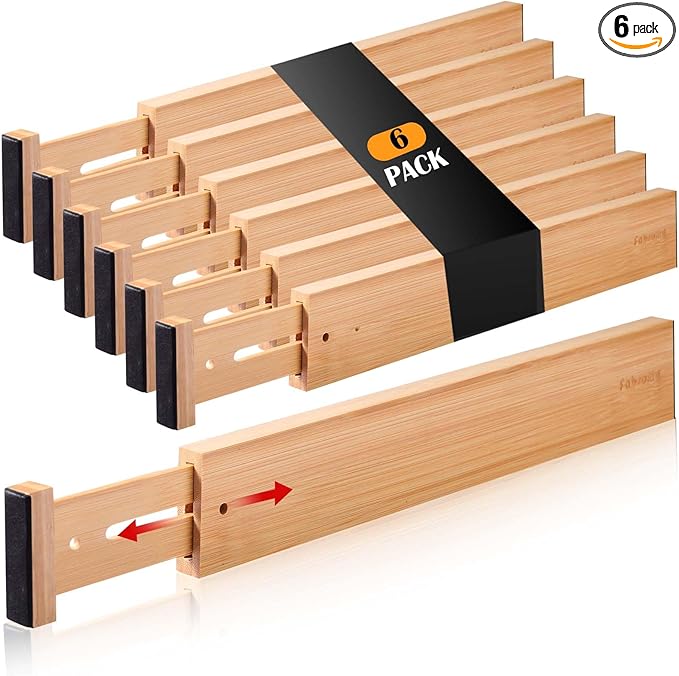 Fabsome Drawer Divider 6 Pack, Bamboo Kitchen Dividers Organizers Adjustable 17''-22'', Wooden Dresser Separators for Nursery