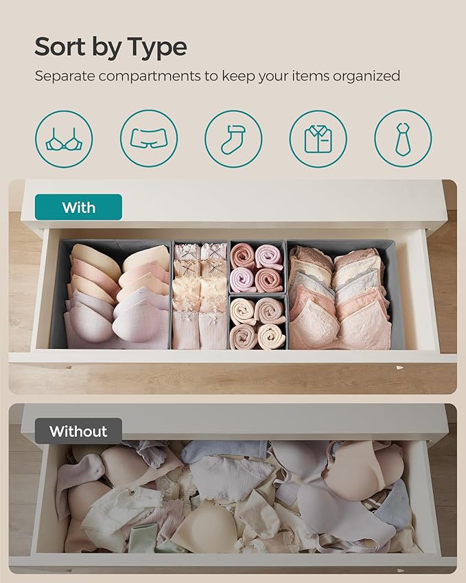 SONGMICS Drawer Organizers, Dresser Divider Organizers, Set of 12, Foldable Fabric Storage Boxes for Socks, Underwear, Bras, 
