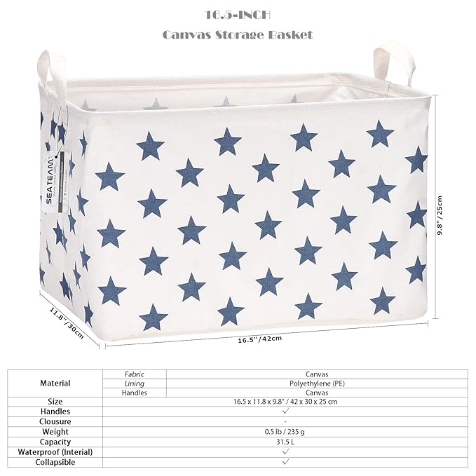 Sea Team Collapsible Canvas Fabric Storage Basket with Handles, Rectangle Waterproof Storage Bin, Box, Cube, Foldable Shelf B