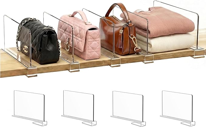 SortNStore Shelf Dividers Purse Organizer for Closet: 6-inch Tall(Shorter Version) Acrylic Handbag Organizer - Small Space Se