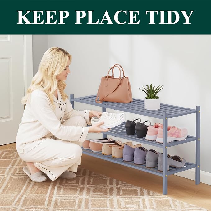 Smiry Long Bamboo Shoe Rack 3-Tier, Stackable Wooden Shoe Organizer for Entryway & Closet, Free Standing Wood Shoe Storage Sh