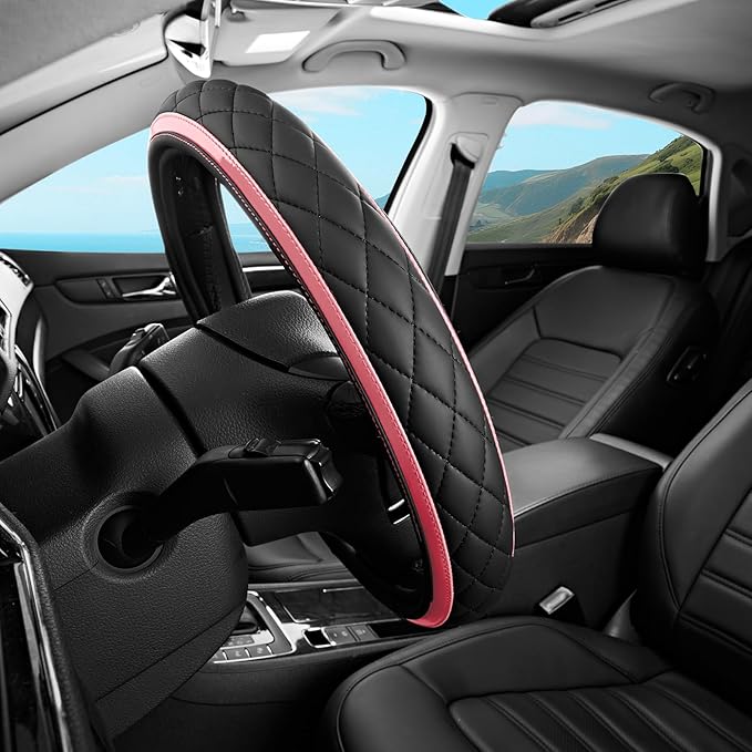 Road Comforts Leather Steering Wheel Cover – Black & Pink, Universal Fit 14.5-15 Inch, Microfiber Leather, Anti-Slip & Breath