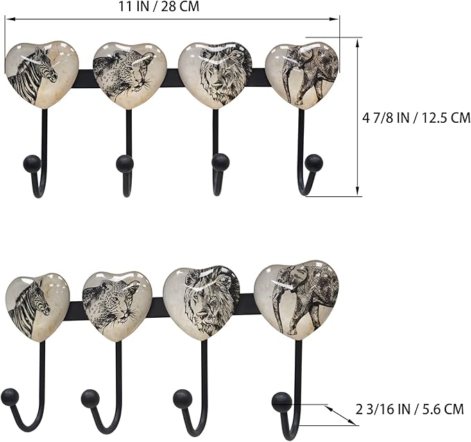 Coat Rack Wall Mounted with 4 Hook, Heart Glass Finishes Animal Pattern Elephant Lion Zebra Leopard Decorative Wall Hooks for