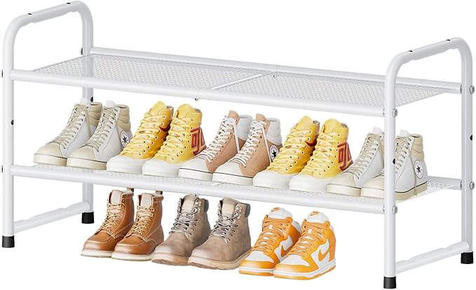 SUFAUY 2 Tier Shoe Rack for Closet, Metal Mesh Shoe Organizer, Stackable Heavy Duty Shoe Shelf, White