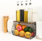 Mefirt Fruit Bowl, Stackable Wall Mounted Fruit Basket of Smooth Wood Lid with 4 Banana Hanger Hooks, Metal Kitchen Counter O