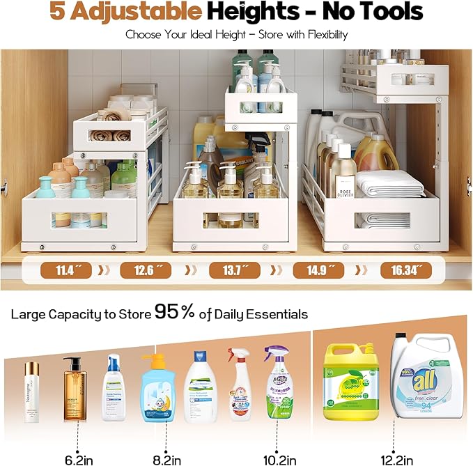 2-Pack 19"Deep Under Sink Organizer And Storage, 2-Tier L-Shaped Pull Out Cabinet Organizer with Upgraded Slide Rails, Height