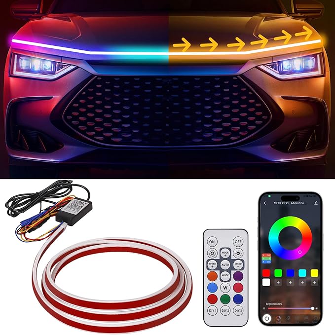 RGB Car Hood Light Strip, 79 Inches Dynamic LED Daytime Running Lights, Multicolor Dynamic Scan Start Up Sequential Turn Signal Lights for Car, Truck, SUV, App Control and Waterproof