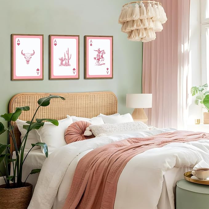 Western Cowboy Wall Art Set of 3 Southwestern Playing Card Wall Decor Pink Western Poster Canvas Prints Longhorn Bull Skull R