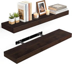 BAMEOS Solid Bamboo Floating Shelves, Set of 2 with Invisible Brackets, Natural Wood Grain Decor for Living Room, Bedroom, Ki