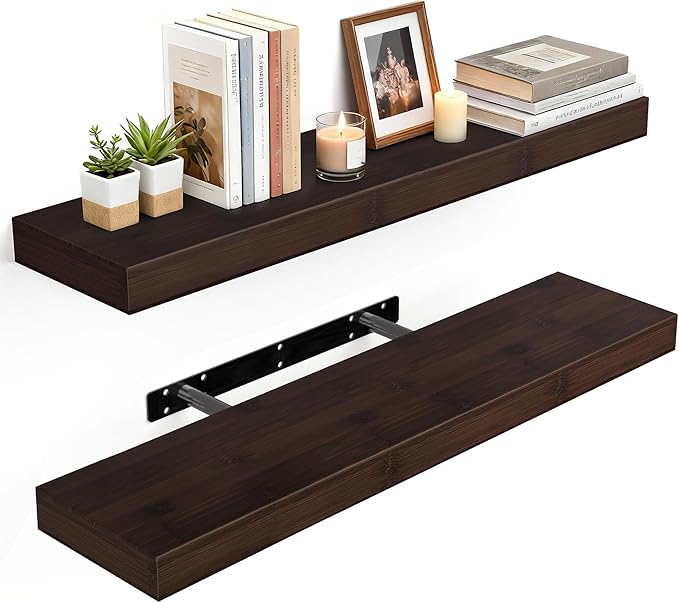 BAMEOS Solid Bamboo Floating Shelves, Set of 2 with Invisible Brackets, Natural Wood Grain Decor for Living Room, Bedroom, Ki