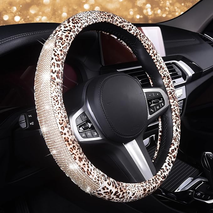AUTOYOUTH Leopard Print Steering Wheel Cover - Bling Crystal Rhinestones Cheetah Print on PVC Leather Non-Slip Breathable Des
