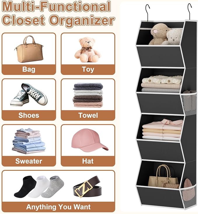 Hanging Closet Organizer 4 Shelf Collapsible Bedroom Closet Organizers and Storage Hanging with Mesh Pocket for Clothes, Clos